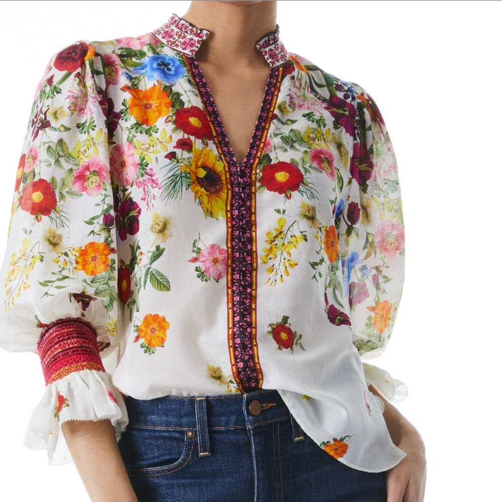 ALICE + OLIVIA Ilan Smocked Floral Blouse